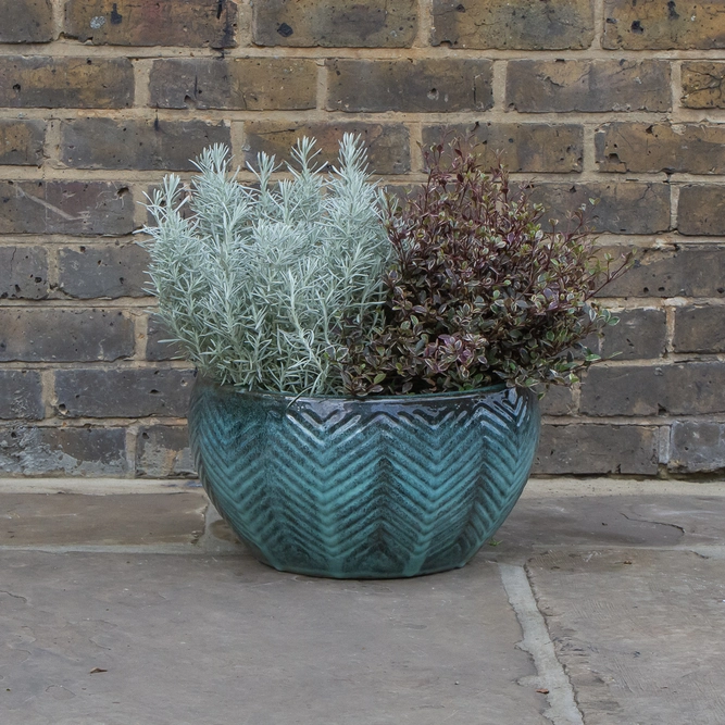 Glazed Green Fishbone Portly Bowl Terracotta Planter (D40cm x H21cm) Outdoor Plant Pot - image 3