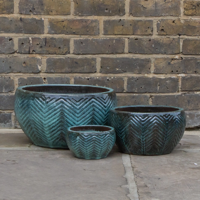 Glazed Green Fishbone Portly Bowl Terracotta Planter (D18cm x H10cm) Outdoor Plant Pot - image 1