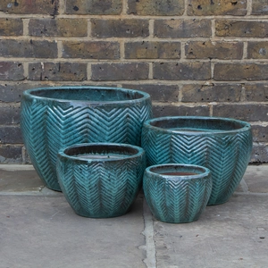 Glazed Green Fishbone Portly Egg Terracotta Planter (D30cm x H20cm) Outdoor Plant Pot - image 1
