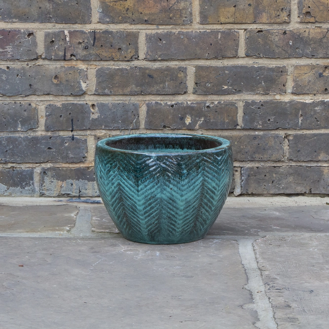 Glazed Green Fishbone Portly Egg Terracotta Planter (D30cm x H20cm) Outdoor Plant Pot - image 2