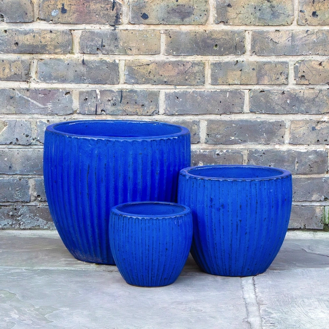 Glazed Portly Egg Rib Blue (D37cm x H34cm) Handmade Terracotta Planter Outdoor Plant Pot - image 1