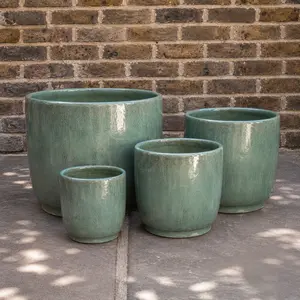 Glazed Terracotta Cylinder Moss Green Planter (D29cm x H26cm) Handmade Outdoor Plant Pot - image 1