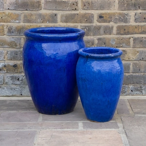 Glazed Terracotta Delta Stretched Blue Planter (D38cm x H50cm) Handmade Outdoor Plant Pot - image 1