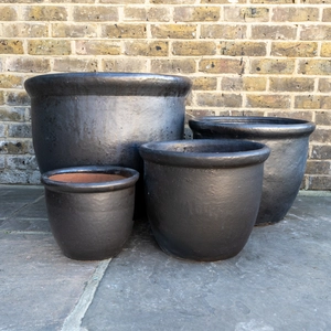 Glazed Terracotta HP001 Egg Pot Rim Matt Black Planter (D30cm x H25cm) Handmade Outdoor Plant Pot - image 1