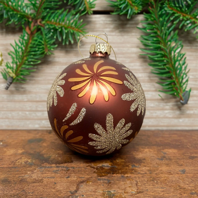 Handpainted Deep Bronze and Gold Flower Christmas Tree Glass Bauble - Christmas Tree Decoration