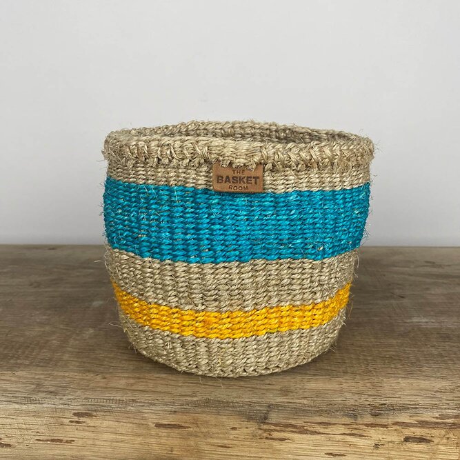 Liwalo Turquoise & Gold Weaved Straw Basket (D16cm x H13cm) Indoor Plant Pot Cover - image 1