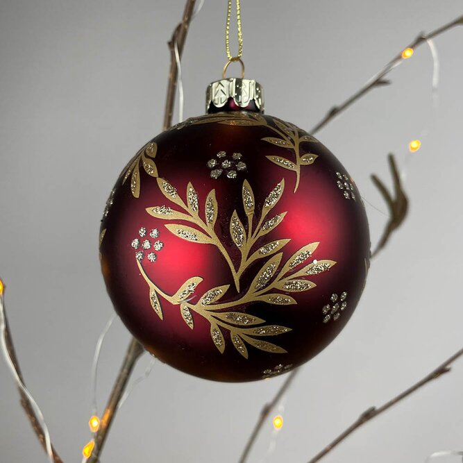 Matt Red Ball Red and Gold Leaf Design 8cm Christmas Tree Decoration