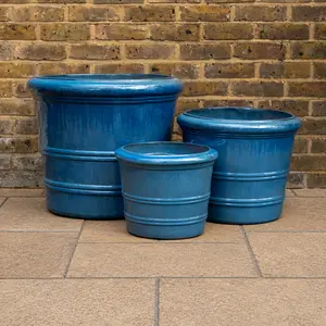 Mediterranean Blue Glazed Orangerie Planter - Handmade Outdoor Plant Pot