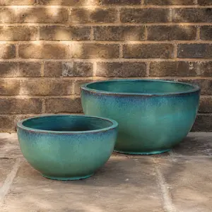 Mediterranean Green Glazed Bowl Garden Planter (D47xH22) Outdoor Plant Pot - image 1