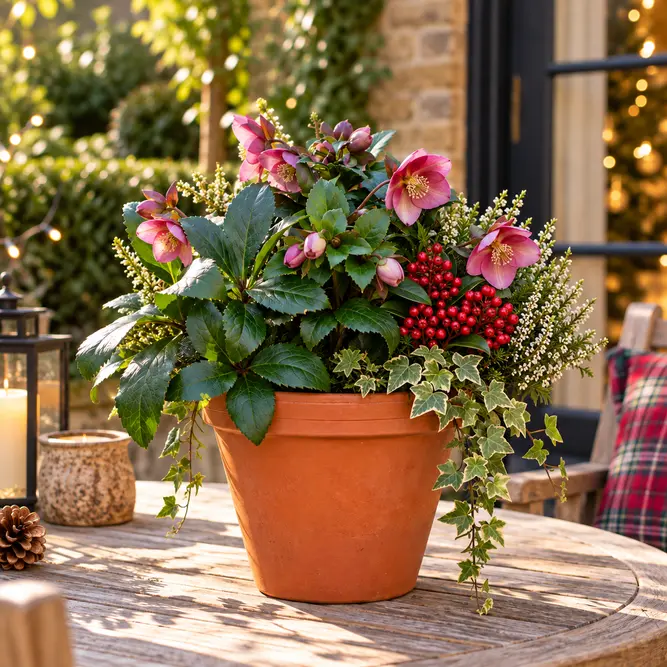 Noel Rose Holiday Planter (25cm) Hellebore, Skimmia, Calluna, Hedera Planter
