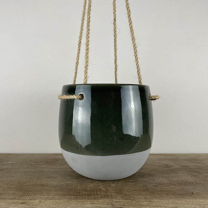 Resa Dark Green Ceramic & Hemp (D17cm x H18.5cm) Hanging Indoor Plant Pot - image 1