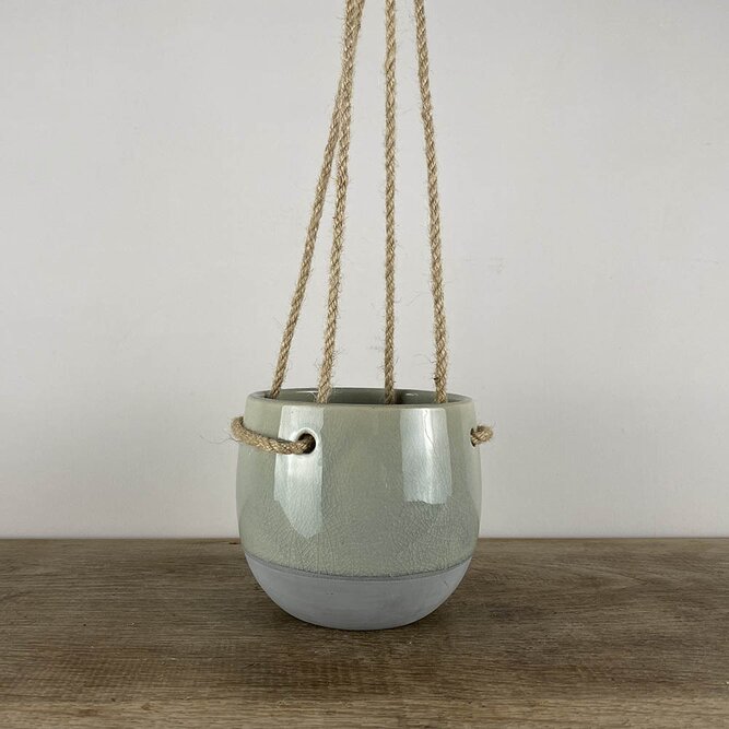 Resa Grey Ceramic & Hemp (D11.5cm x H13.5cm) Hanging Indoor Plant Pot - image 1