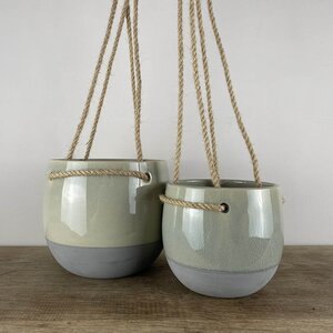 Resa Grey Ceramic & Hemp (D13.5cm x H16.5cm) Hanging Indoor Plant Pot - image 3