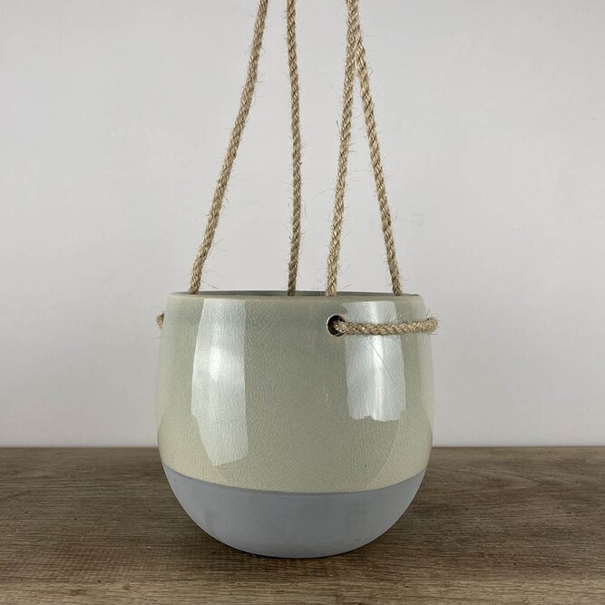 Resa Grey Ceramic & Hemp (D13.5cm x H16.5cm) Hanging Indoor Plant Pot - image 1