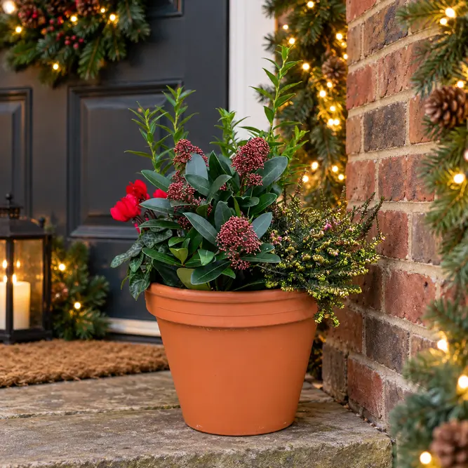 Ruby Haven Planter (27cm) Skimmia Rubella, red cyclamen, Sarcococca, and Erica Planter - image 1
