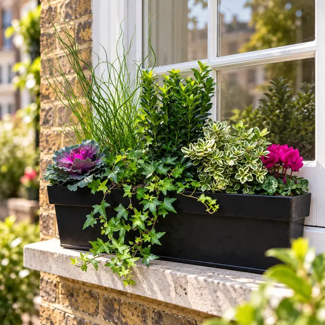 The Chadwick Window Box (60cm) Cyclamen, Hebe, Euonymus, Hedera, Juncus, Brassica Planter - image 1