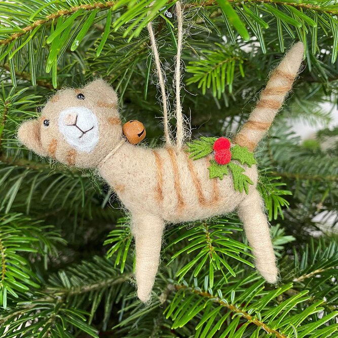 Wool Cat with Holly and Bell Christmas Tree Decoration