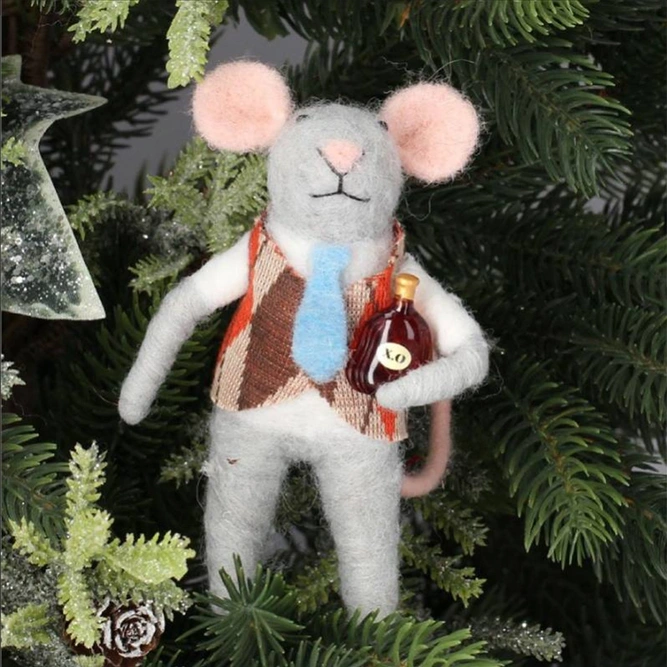 Wool Mouse with Waistcoat Tie and Bottle Christmas Tree Decoration